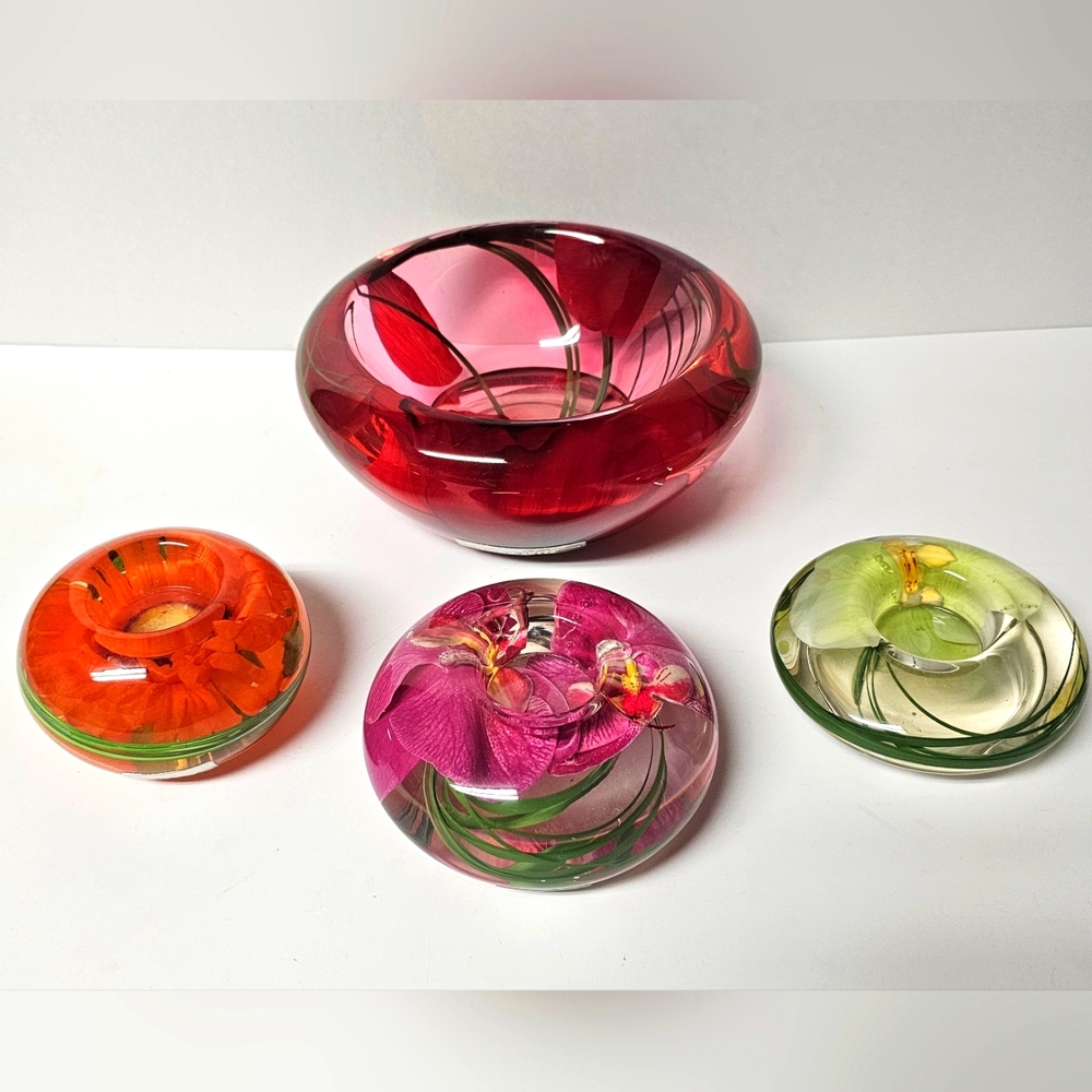 Emilio Robba Red, Pink, Orange, & Green Flower Daisy Bowls & Tea Lights In Resin